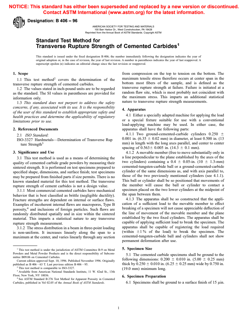 ASTM B406-96 - Standard Test Method for Transverse Rupture Strength of Cemented Carbides