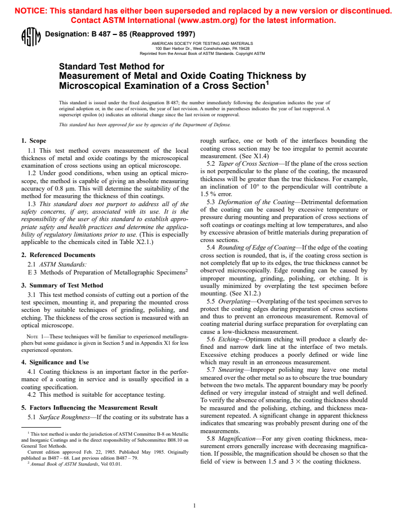 ASTM B487-85(1997) - Standard Test Method for Measurement of Metal and Oxide Coating Thickness by Microscopical Examination of a Cross Section