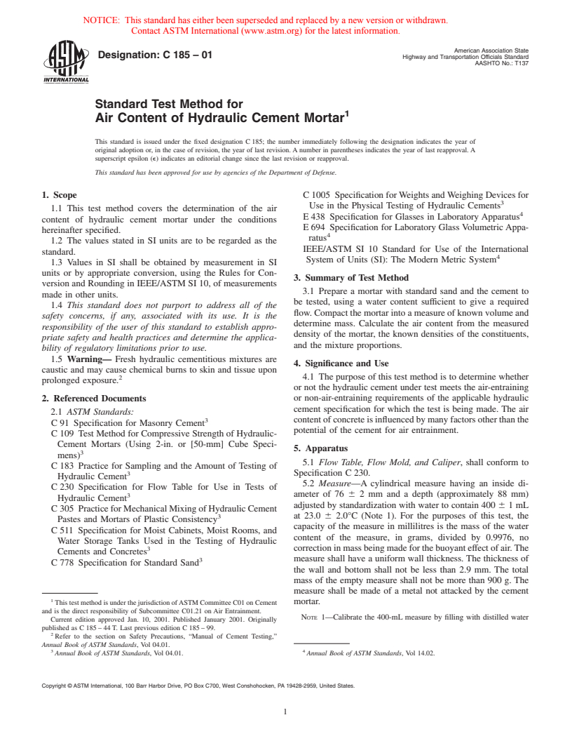 ASTM C185-01 - Standard Test Method for Air Content of Hydraulic Cement Mortar