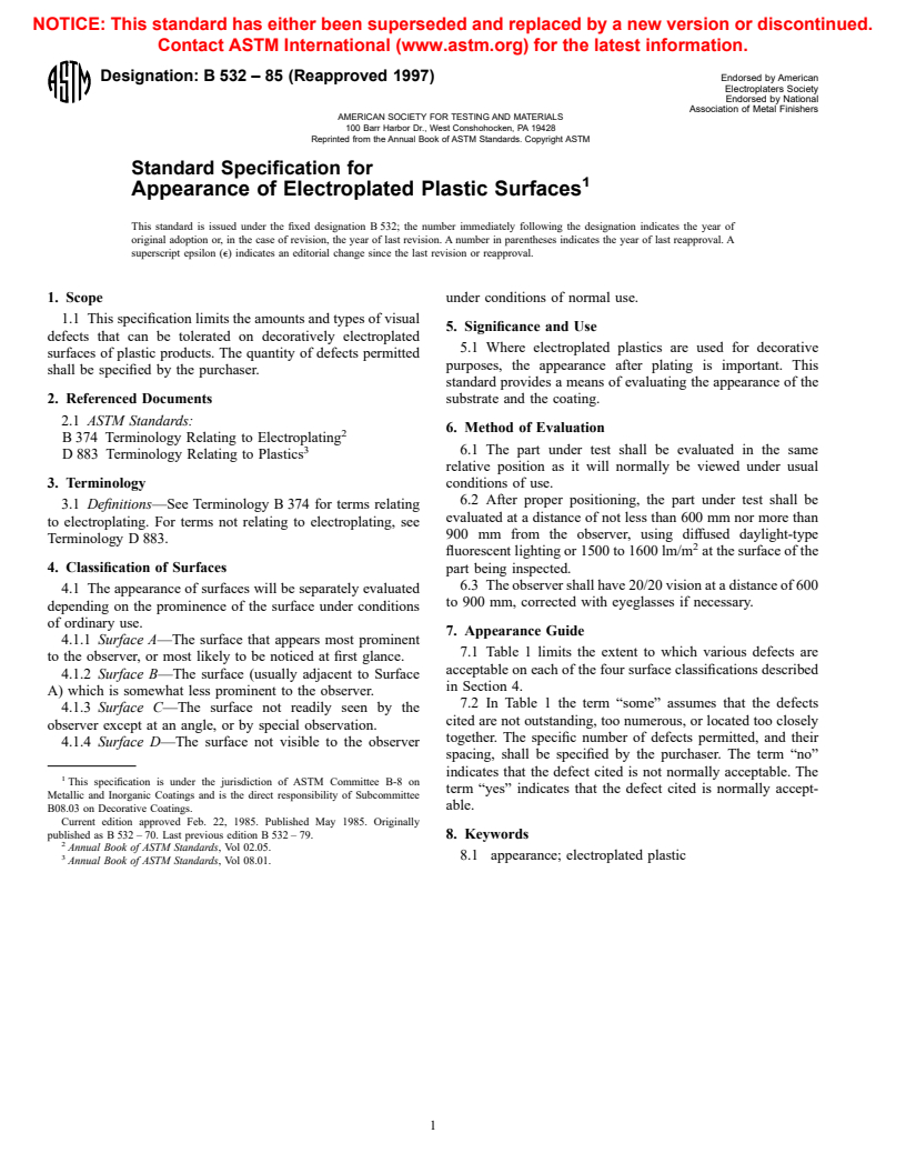 ASTM B532-85(1997) - Standard Specification for Appearance of Electroplated Plastic Surfaces