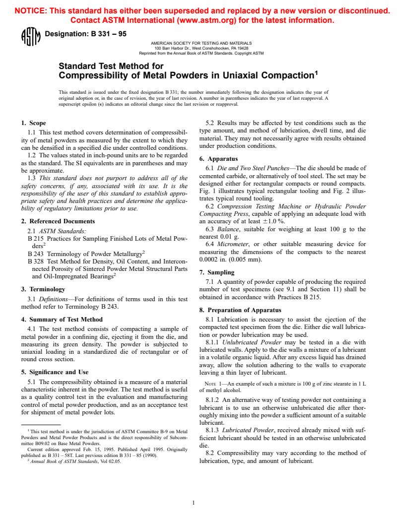 ASTM B331-95 - Standard Test Method for Compressibility of Metal Powders in Uniaxial Compaction