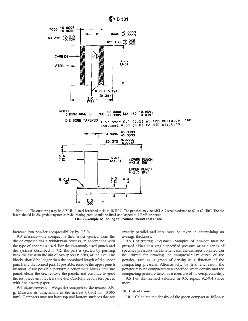 ASTM B331-95 - Standard Test Method for Compressibility of Metal Powders in Uniaxial Compaction