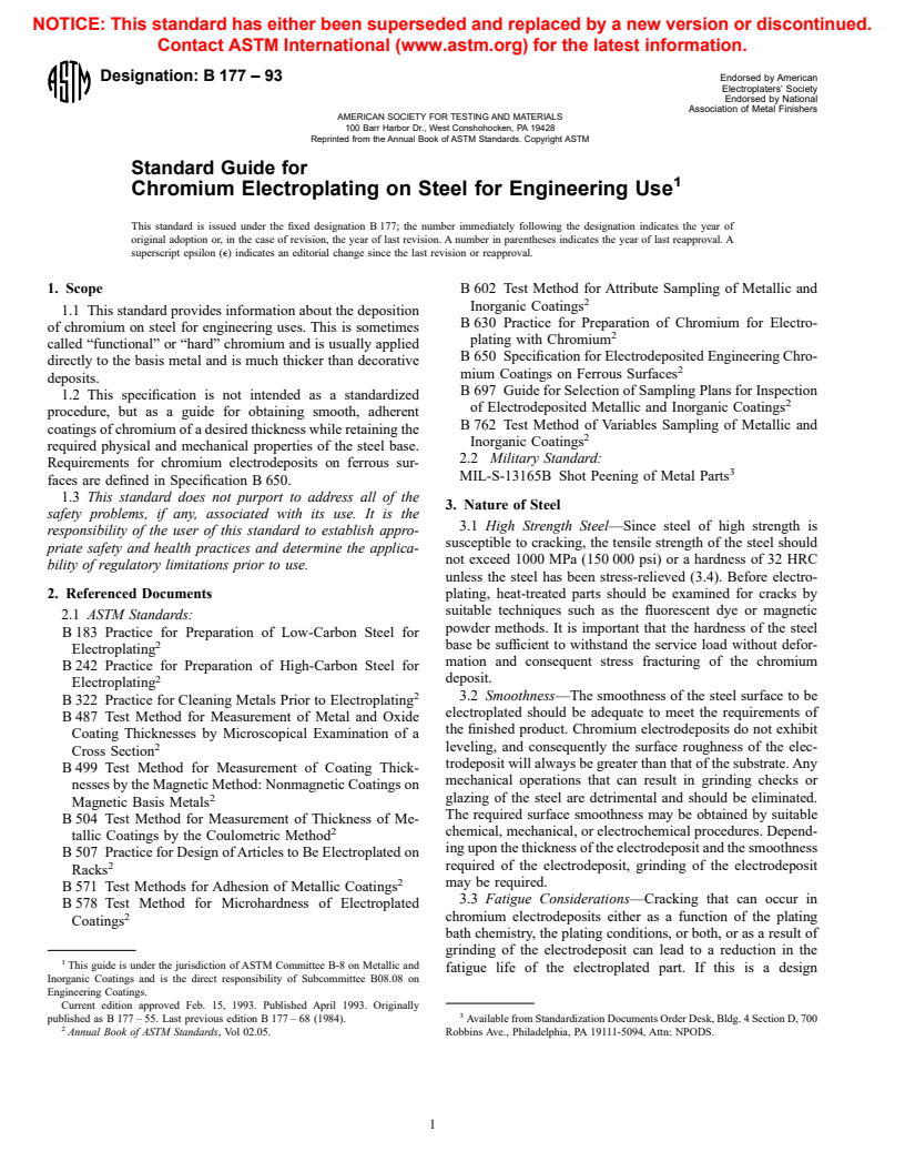 ASTM B177-93 - Standard Guide for Engineering Chromium Electroplating