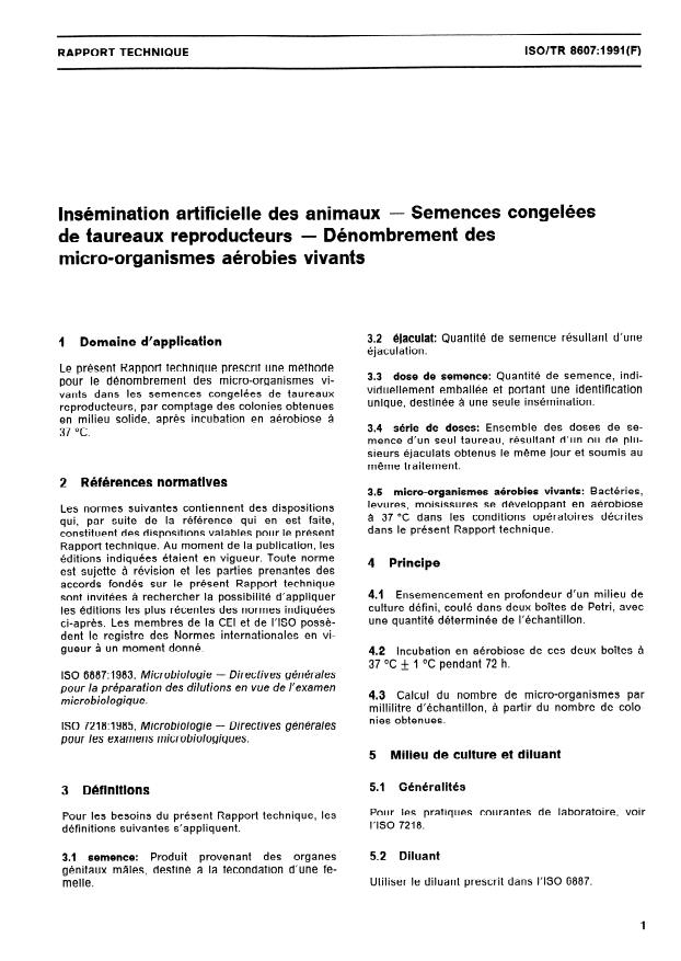 ISO/TR 8607:1991 - Insémination artificielle des animaux -- Semences congelées de taureaux reproducteurs -- Dénombrement des micro-organismes aérobies vivants