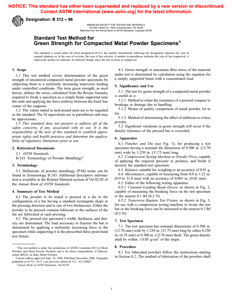 ASTM B312-96 - Standard Test Method for Green Strength for Compacted Metal Powder Specimens