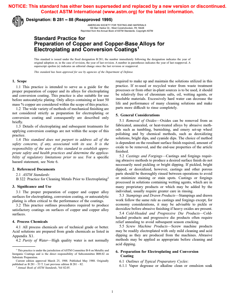 ASTM B281-88(1995) - Standard Practice for Preparation of Copper and Copper-Base Alloys for Electroplating and Conversion Coatings