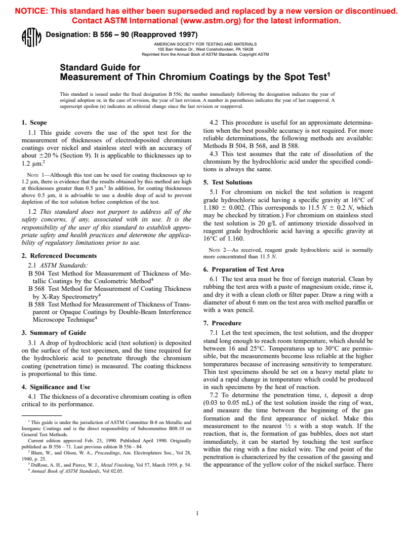 ASTM B556-90(1997) - Standard Guide for Measurement of Thin Chromium Coatings by the Spot Test