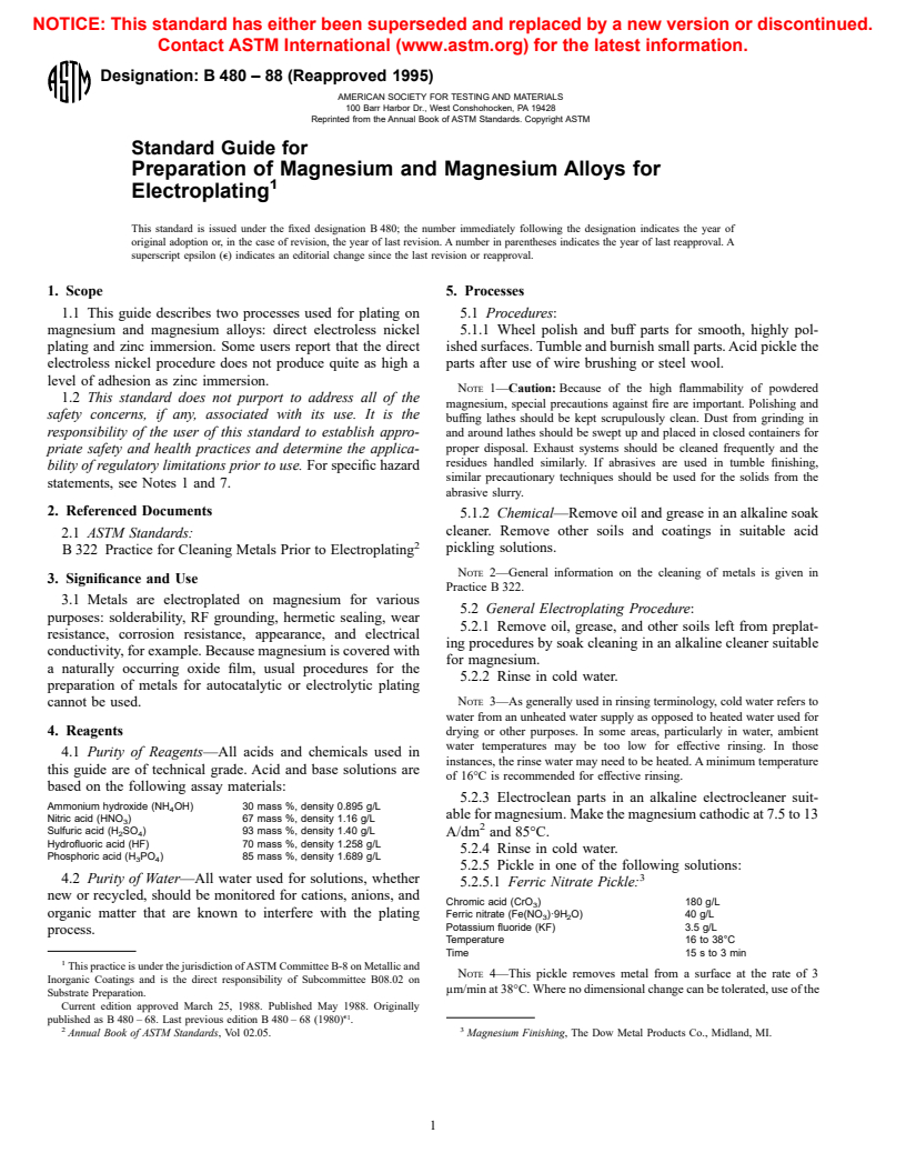 ASTM B480-88(1995) - Standard Guide for Preparation of Magnesium and Magnesium Alloys for Electroplating