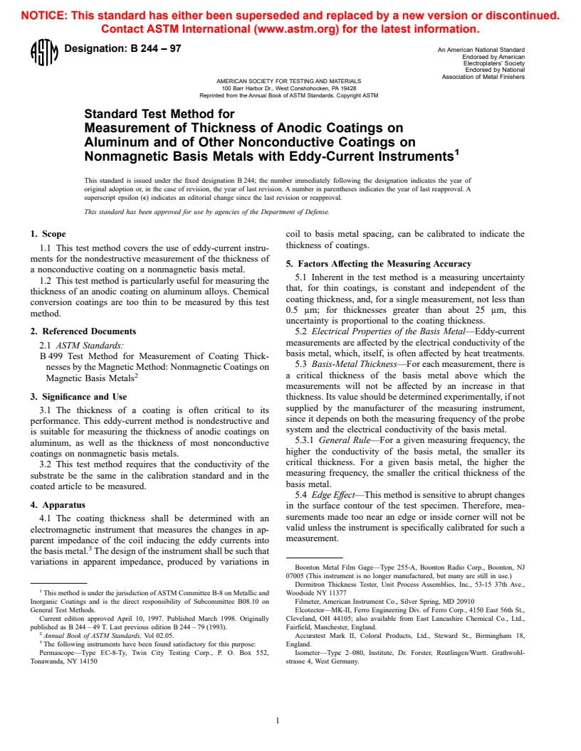 ASTM B244-97 - Standard Test Method for Measurement of Thickness of Anodic Coatings on Aluminum and of Other Nonconductive Coatings on Nonmagnetic Basis Metals with Eddy-Current Instruments