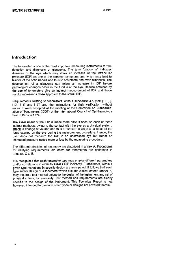 ISO/TR 8612:1997 ISO/TR 8612:1997 - Ophthalmic optics and instruments -- Tonometers - Page 4 preview