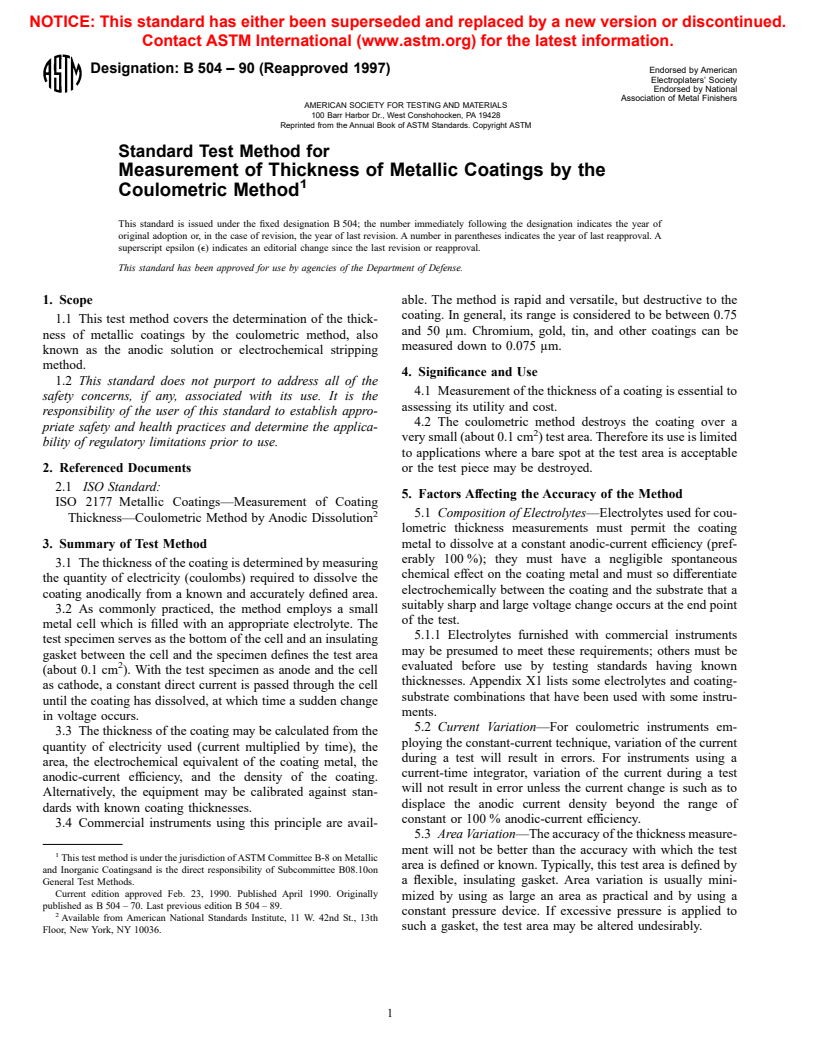 ASTM B504-90(1997) - Standard Test Method for Measurement of Thickness of Metallic Coatings by the Coulometric Method