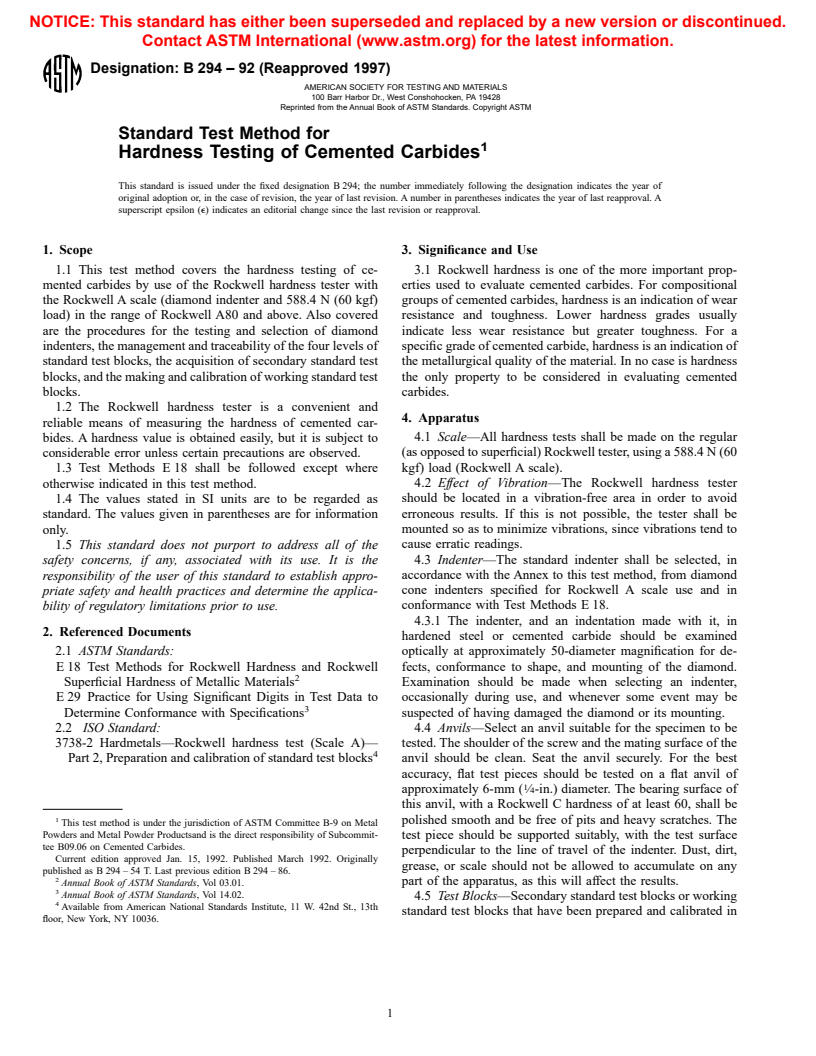 ASTM B294-92(1997) - Standard Test Method for Hardness Testing of Cemented Carbides