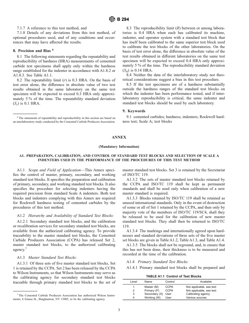 ASTM B294-92(1997) - Standard Test Method for Hardness Testing of Cemented Carbides