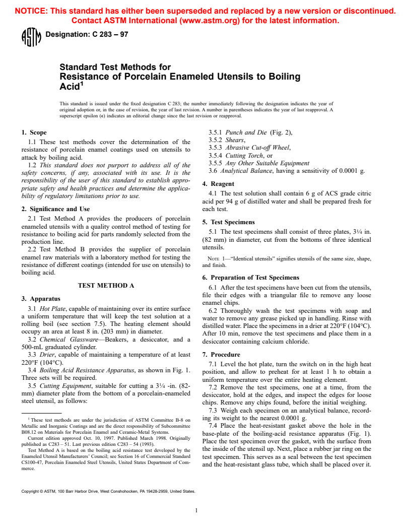 ASTM C283-97 - Standard Test Method for Resistance of Porcelain Enameled Utensils to Boiling Acid