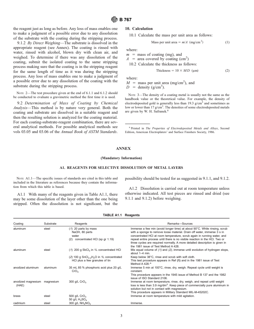 ASTM B767-88(1994) - Standard Guide for Determining Mass Per Unit Area of Electrodeposited and Related Coatings by Gravimetric and Other Chemical Analysis Procedures