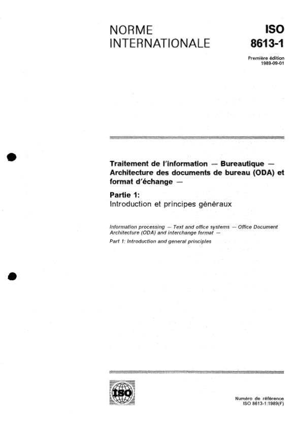 ISO 8613-1:1989 - Traitement de l'information -- Bureautique -- Architecture des documents de bureau (ODA) et format d'échange