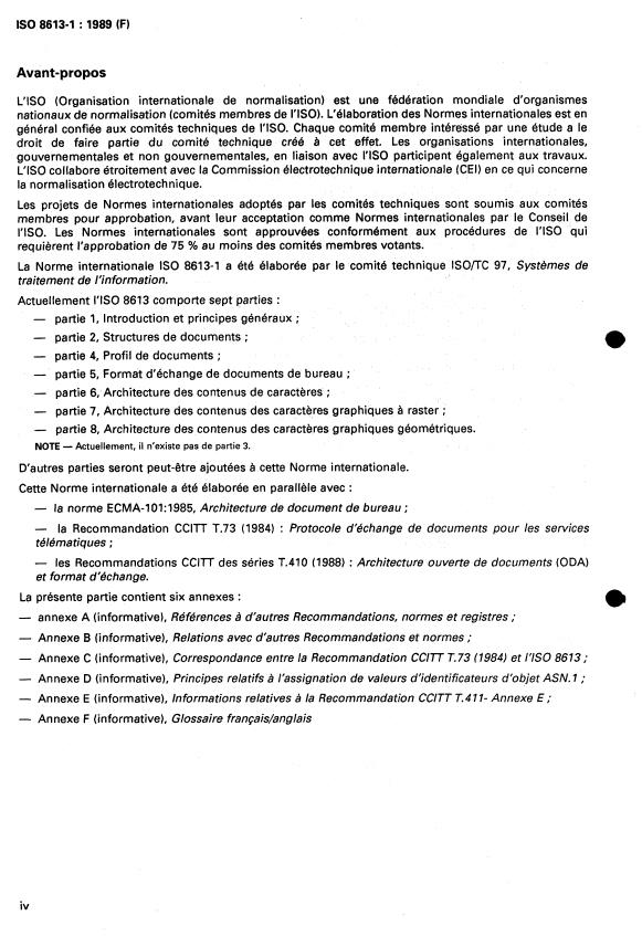 ISO 8613-1:1989 ISO 8613-1:1989 - Traitement de l'information -- Bureautique -- Architecture des documents de bureau (ODA) et format d'échange - Page 4 preview