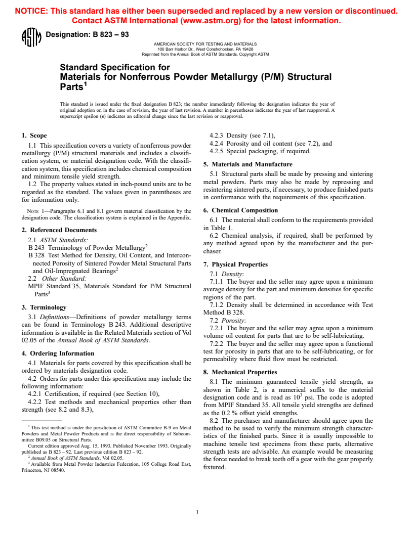 ASTM B823-93 - Standard Specification for Materials for Nonferrous Powder Metallurgy (P/M) Structural Parts