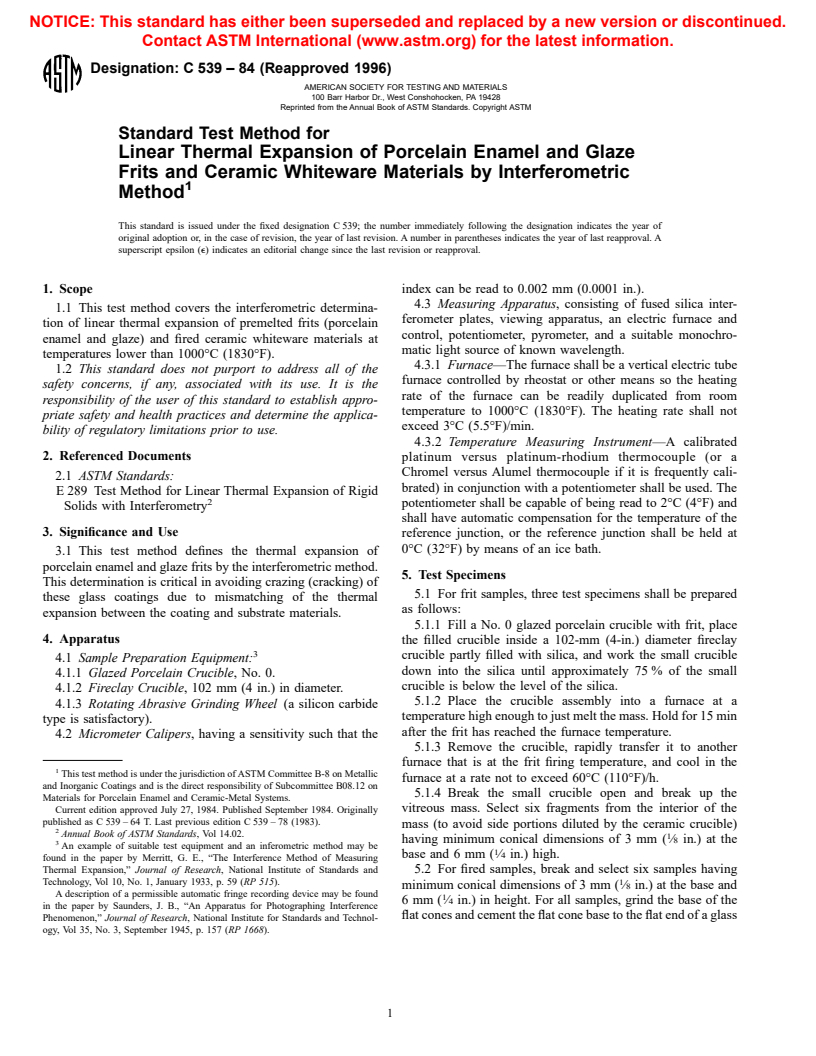 ASTM C539-84(1996) - Standard Test Method for Linear Thermal Expansion of Porcelain Enamel and Glaze Frits and Ceramic Whiteware Materials by the Interferometric Method