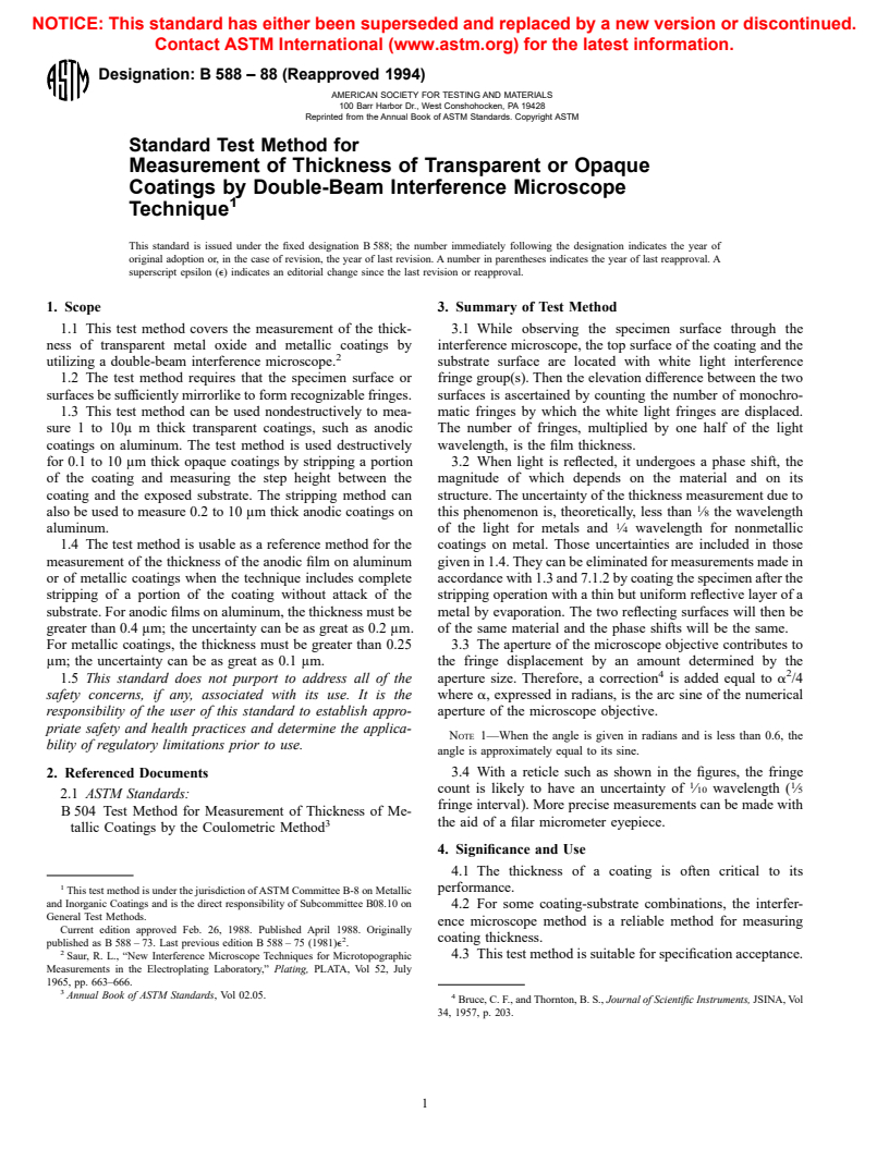 ASTM B588-88(1994) - Standard Test Method for Measurement of Thickness of Transparent or Opaque Coatings by Double-Beam Interference Microscope Technique