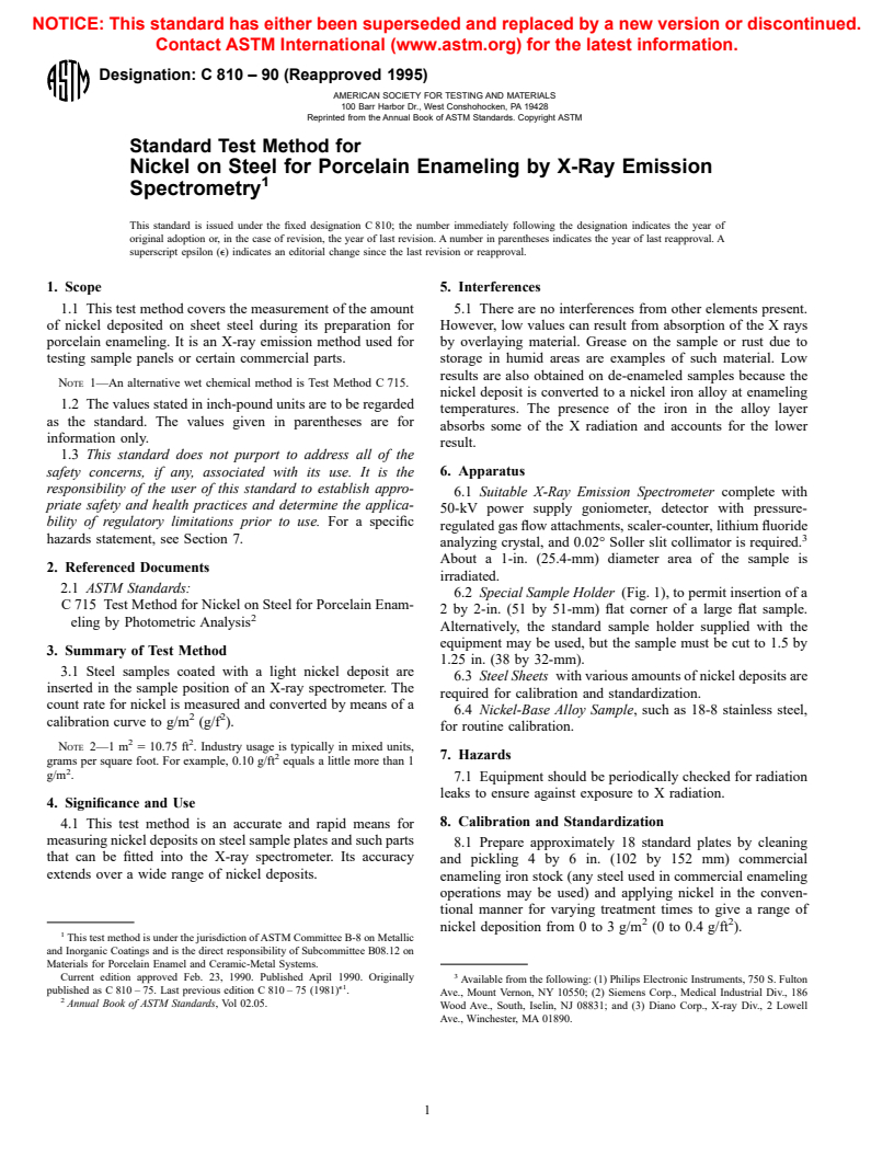 ASTM C810-90(1995) - Standard Test Method for Nickel on Steel for Porcelain Enameling by X-Ray Emission Spectrometry