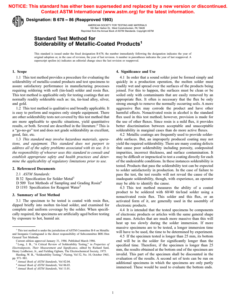 ASTM B678-86(1993) - Standard Test Method for Solderability of Metallic-Coated Products