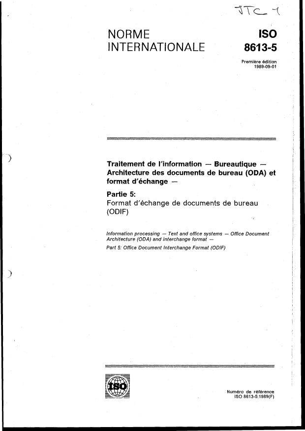 ISO 8613-5:1989 - Traitement de l'information -- Bureautique -- Architecture des documents de bureau (ODA) et format d'échange