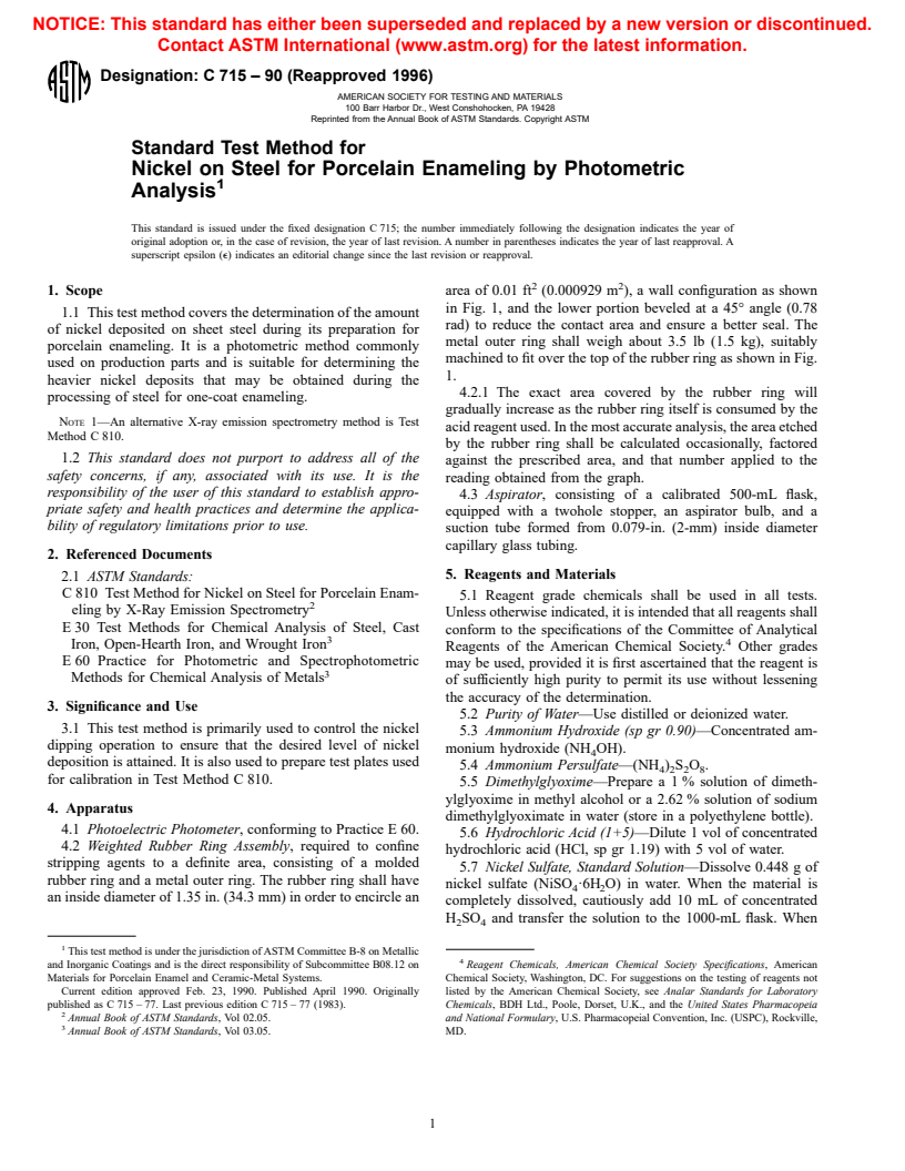 ASTM C715-90(1996) - Standard Test Method for Nickel on Steel for Porcelain Enameling by Photometric Analysis