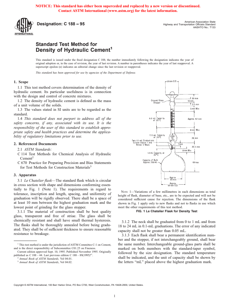 ASTM C188-95 - Standard Test Method for Density of Hydraulic Cement