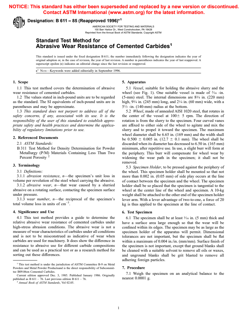 ASTM B611-85(1996)e1 - Standard Test Method for Abrasive Wear Resistance of Cemented Carbides