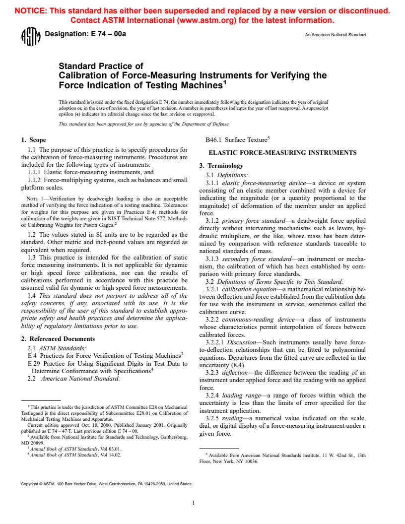 ASTM E74-00a - Standard Practice of Calibration of Force-Measuring Instruments for Verifying the Force Indication of Testing Machines