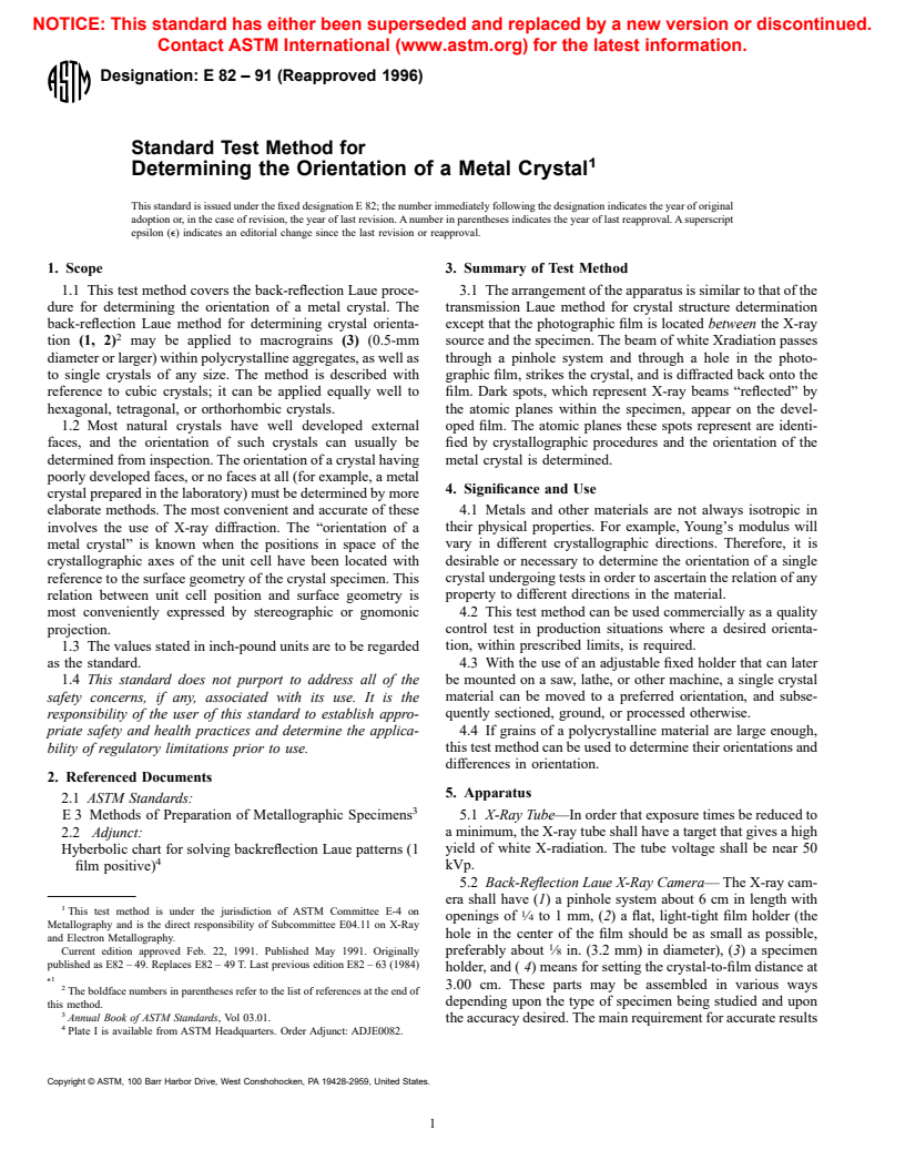 ASTM E82-91(1996) - Standard Test Method for Determining the Orientation of a Metal Crystal