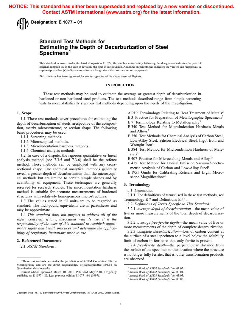 ASTM E1077-01 - Standard Test Methods for Estimating the Depth of Decarburization of Steel Specimens