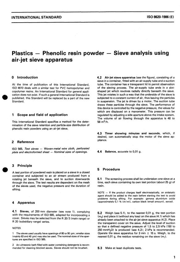 ISO 8620:1986 - Plastics -- Phenolic resin powder -- Sieve analysis using air-jet sieve apparatus