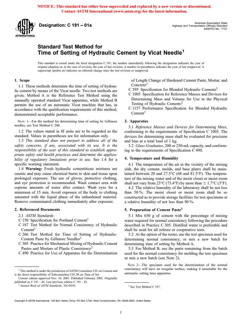 ASTM C191-01a - Standard Test Method for Time of Setting of Hydraulic Cement by Vicat Needle