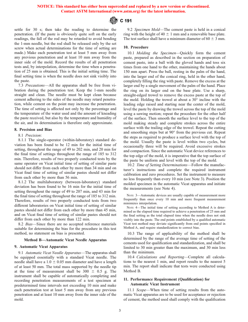 ASTM C191-01a - Standard Test Method for Time of Setting of Hydraulic Cement by Vicat Needle