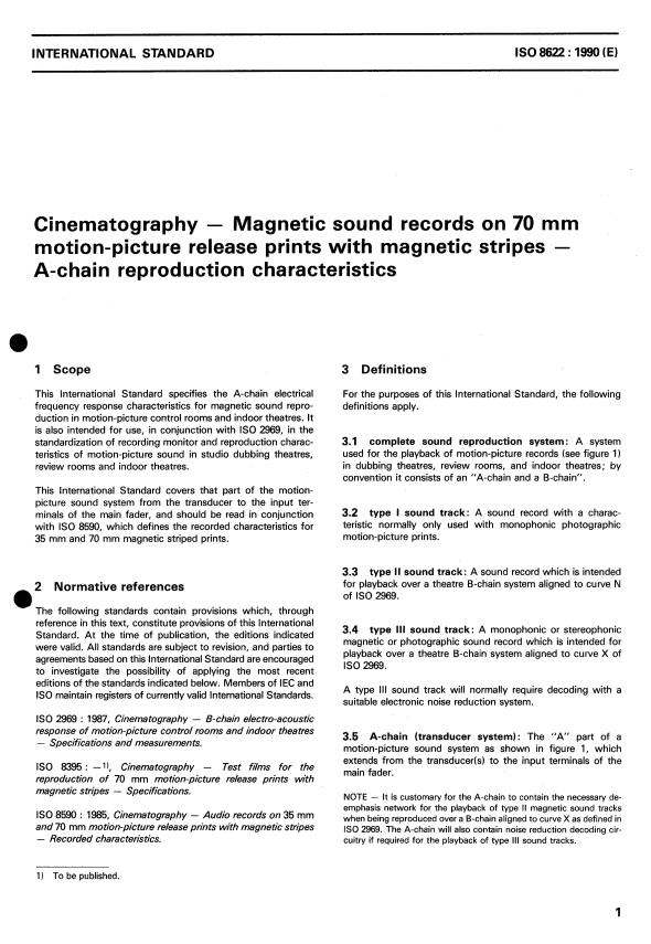 ISO 8622:1990 - Cinematography -- Magnetic sound records on 70 mm motion-picture release prints with magnetic stripes -- A-chain reproduction characteristics