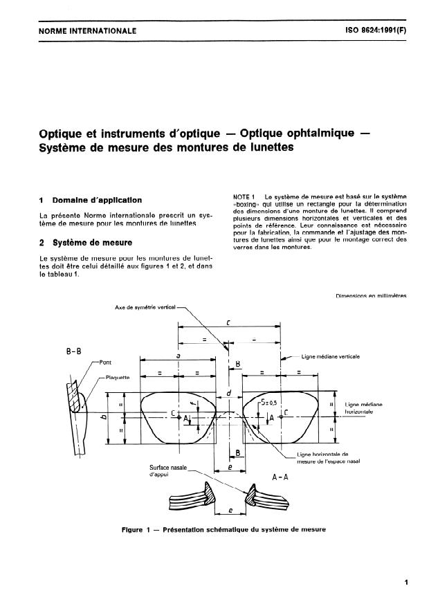 ISO 8624:1991 - Optique et instruments d'optique -- Optique ophtalmique -- Systeme de mesure des montures de lunettes