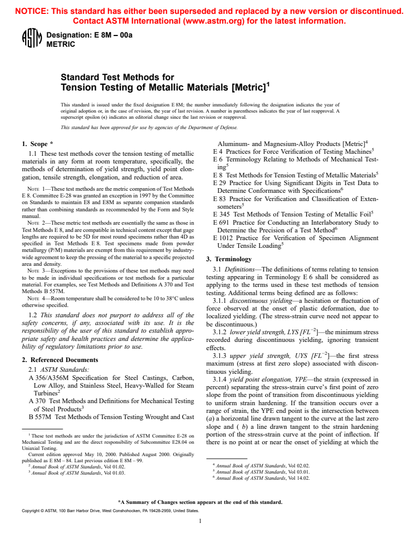 ASTM E8M-00a - Standard Test Methods for Tension Testing of Metallic Materials [Metric]