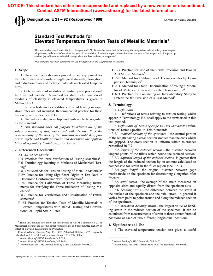 ASTM E21-92(1998) - Standard Test Methods for Elevated Temperature Tension Tests of Metallic Materials