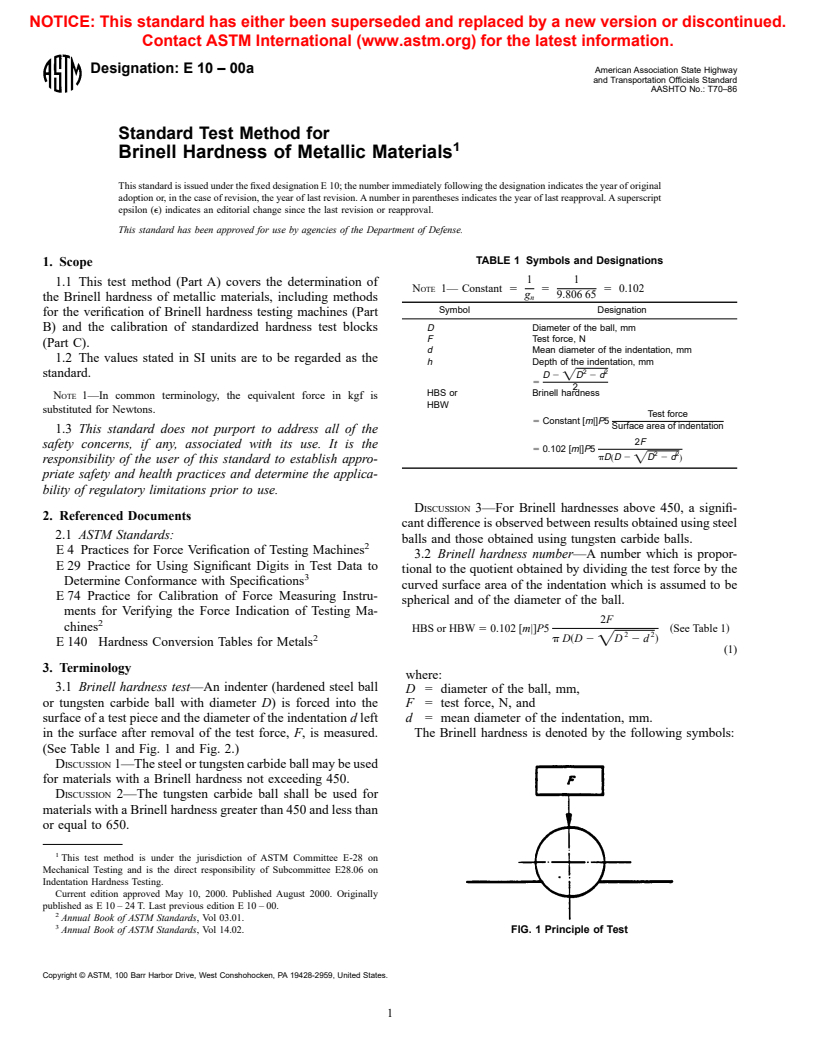 ASTM E10-00a - Standard Test Method for Brinell Hardness of Metallic Materials