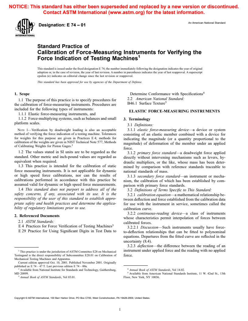ASTM E74-01 - Standard Practice of Calibration of Force-Measuring Instruments for Verifying the Force Indication of Testing Machines