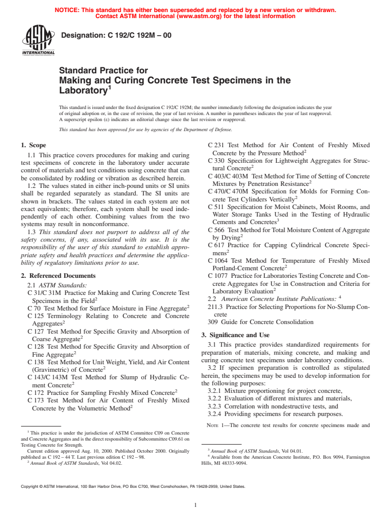 ASTM C192/C192M-00 - Standard Practice for Making and Curing Concrete Test Specimens in the Laboratory