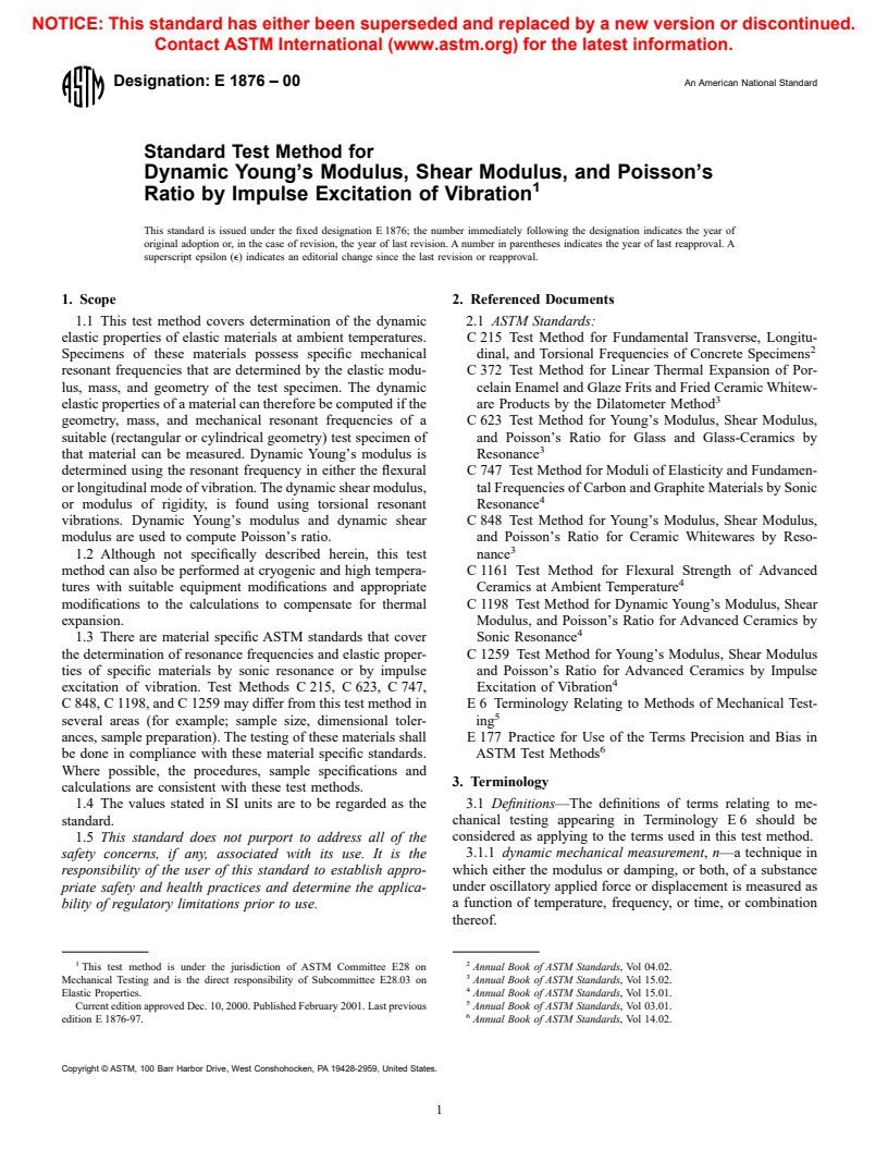 ASTM E1876-00 - Standard Test Method for Dynamic Young's Modulus, Shear Modulus, and Poisson's Ratio by Impulse Excitation of Vibration