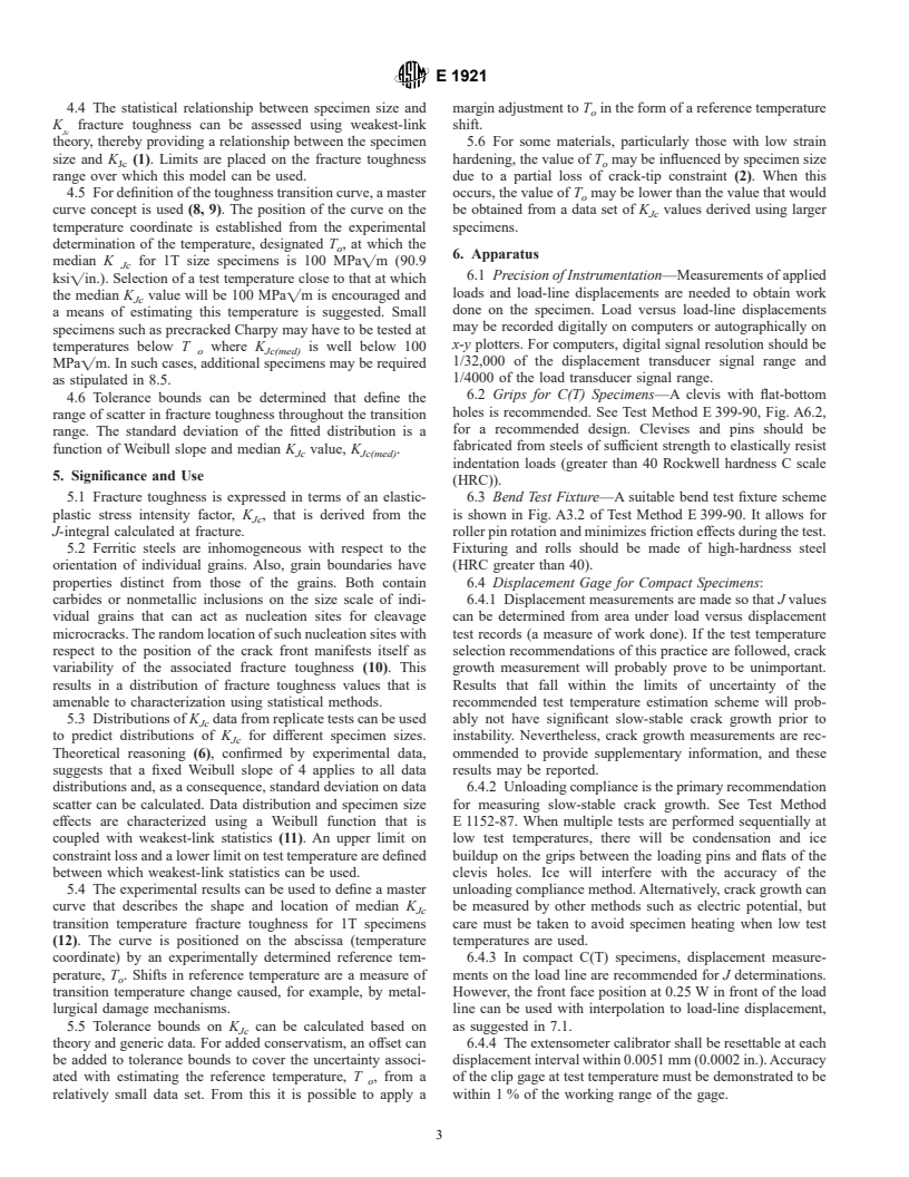 ASTM E1921-97 - Standard Test Method for Determination of Reference Temperature, T<sub>o</sub>, for Ferritic Steels in the Transition Range