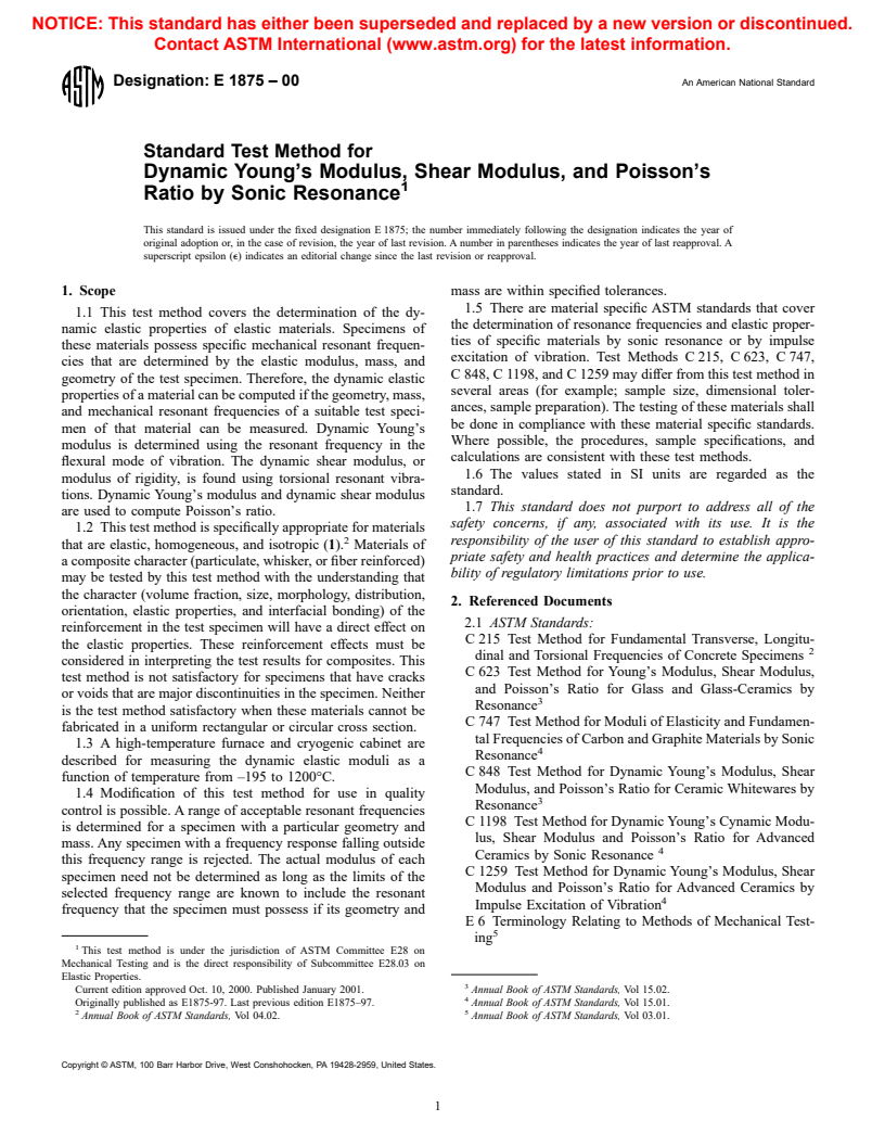 ASTM E1875-00 - Standard Test Method for Dynamic Young's Modulus, Shear Modulus, and Poisson's Ratio by Sonic Resonance