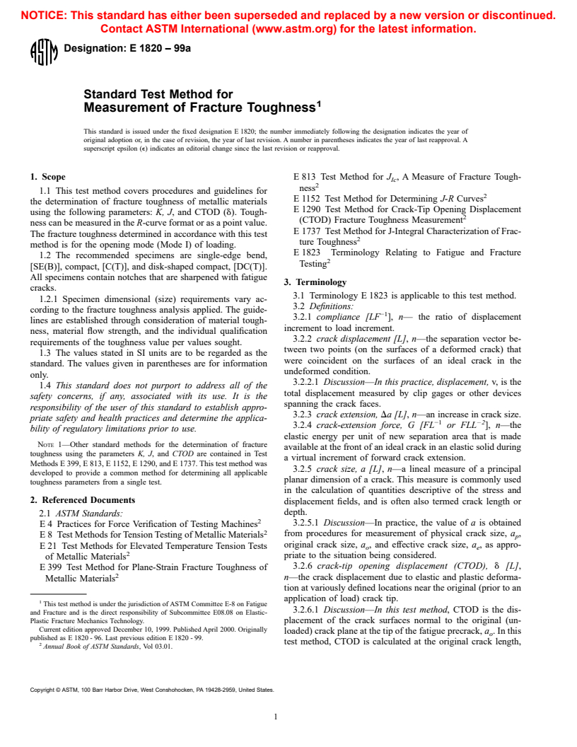 ASTM E1820-99a - Standard Test Method for Measurement of Fracture Toughness