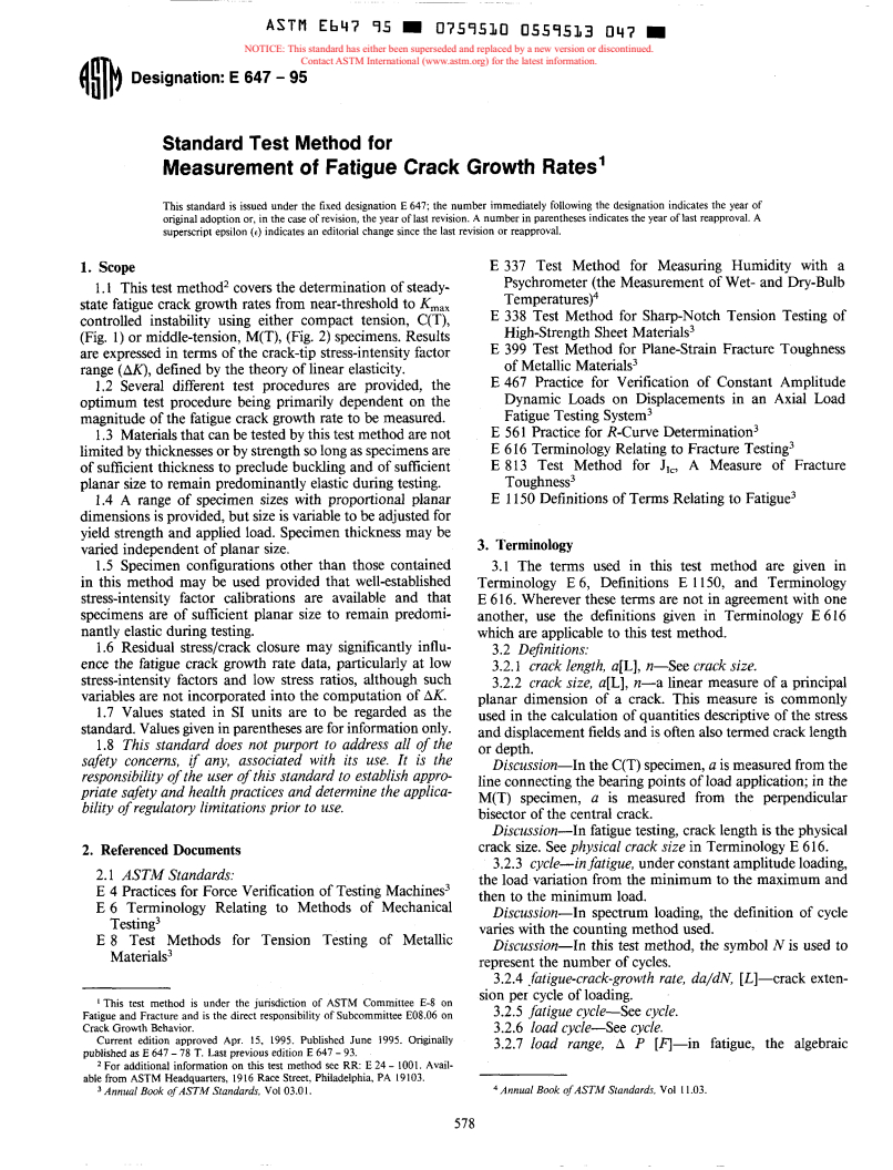 ASTM E647-95 - Standard Test Method for Measurement of Fatigue Crack Growth Rates