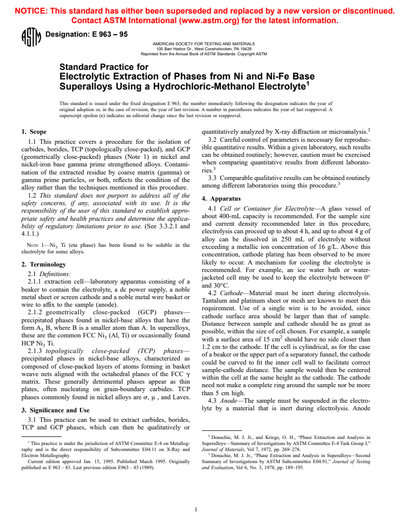 ASTM E963-95 - Standard Practice for Electrolytic Extraction of Phases from Ni and Ni-Fe Base Superalloys Using a Hydrochloric-Methanol Electrolyte