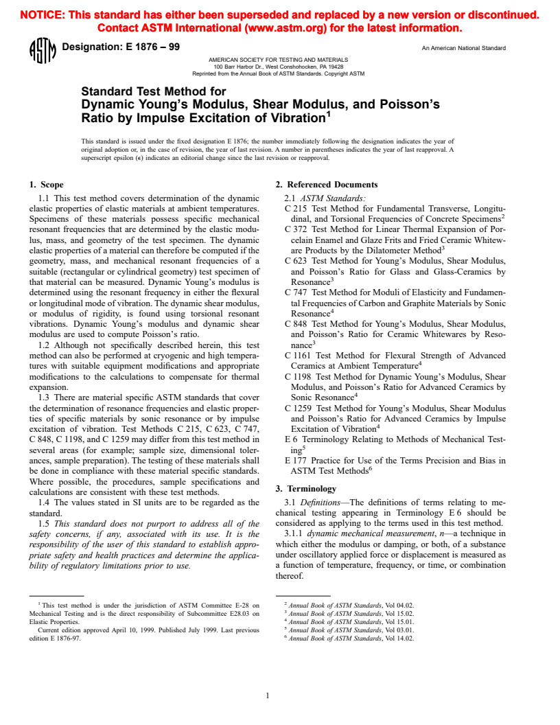 ASTM E1876-99 - Standard Test Method for Dynamic Young's Modulus, Shear Modulus, and Poisson's Ratio by Impulse Excitation of Vibration